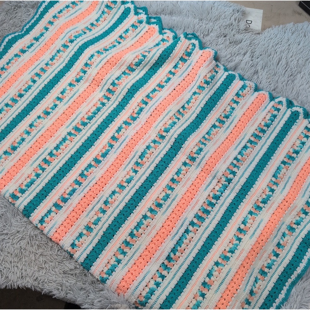 Crochet Afghan Blanket Stripes Huge Handmade Couch Home Decor EUC